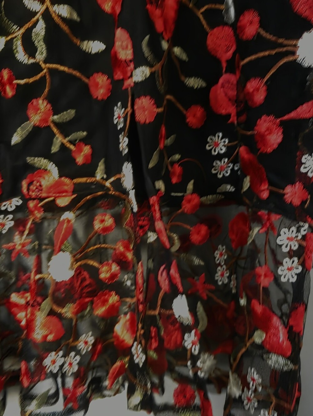 Impressions Women's Black Floral Embroidered Sheer Ruffled Midi Dress Sz M - Picture 9 of 12